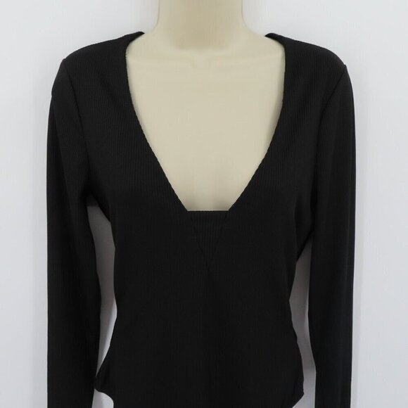Intimately Free People Womens Large Solid Black Ribbed Long Sleeve Bodysuit - Picture 2 of 10
